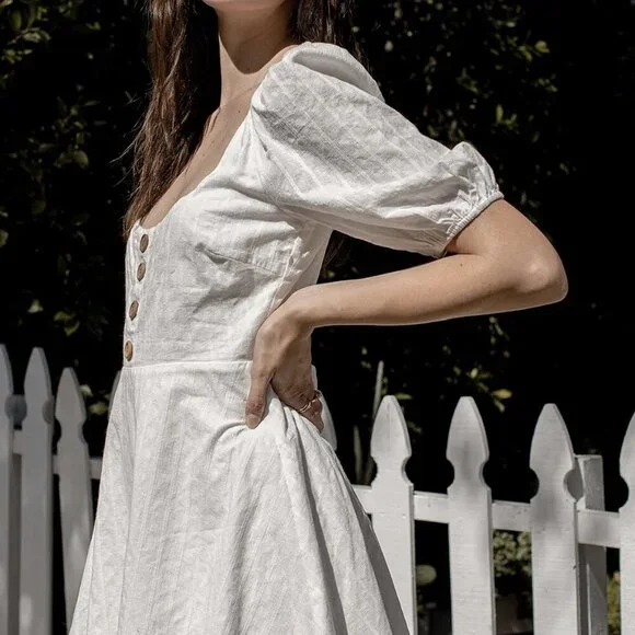 NWT Lulus Endearing Looks Ivory Puff Sleeve Lace-Up Mini Dress (size S) - Picture 3 of 8